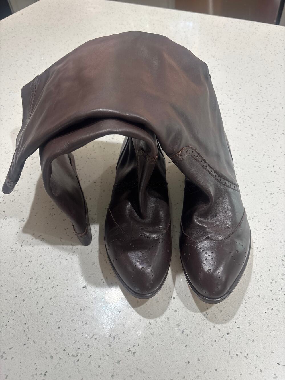 Women's Tall Brown Leather Winter Boots with Wingtip Detail
